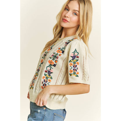 CUTE FLORAL EMBROIDERY CASUAL PULLOVER SWEATER