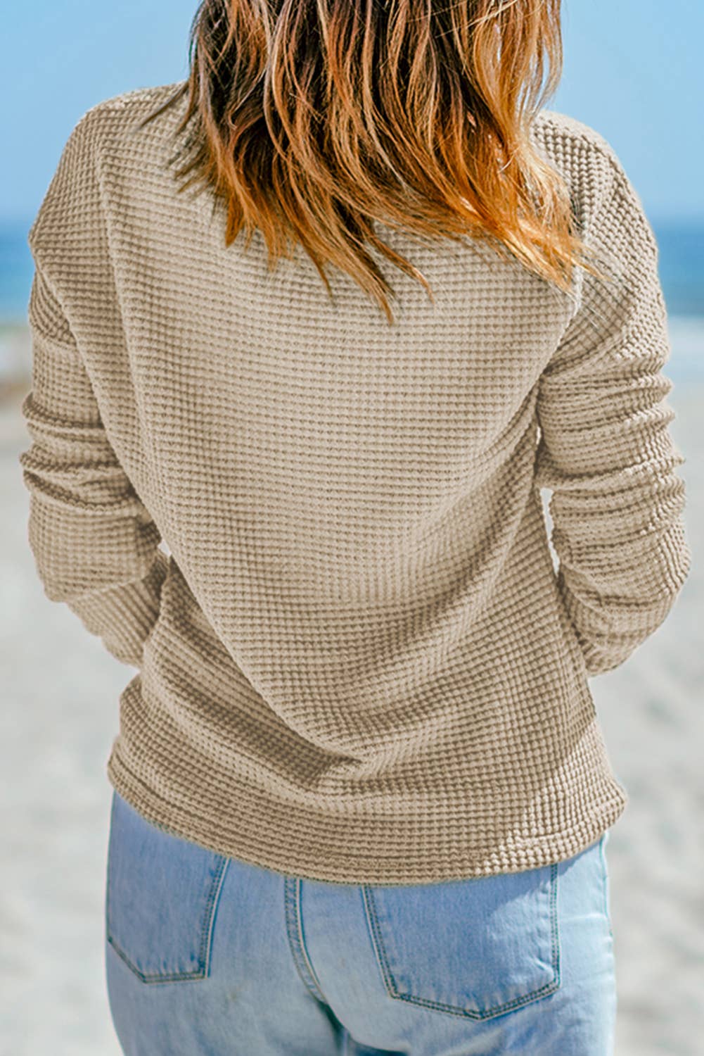 Waffle Knit Drop Shoulder Long Sleeve Top: Apricot