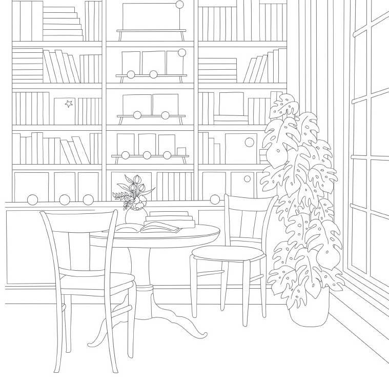 Cozy Bookshops: Colouring Book