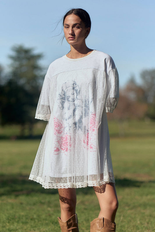 ANGEL PRINTED TERRY DOTTED MESH LAYERED DRESS: Heather Grey - Women > Dresses