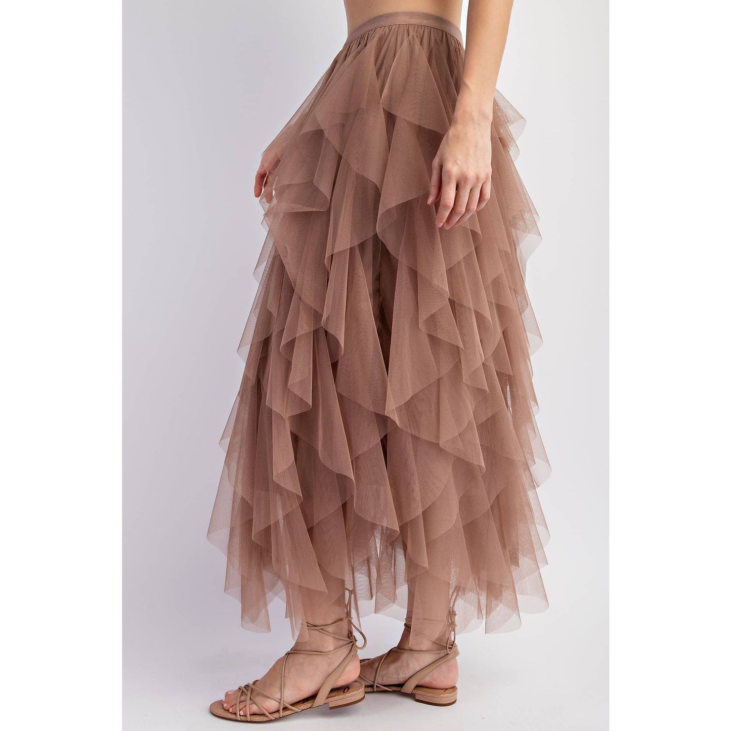 CASCADING TULLE MESH LAYERED MAX SKIRT: Mocha