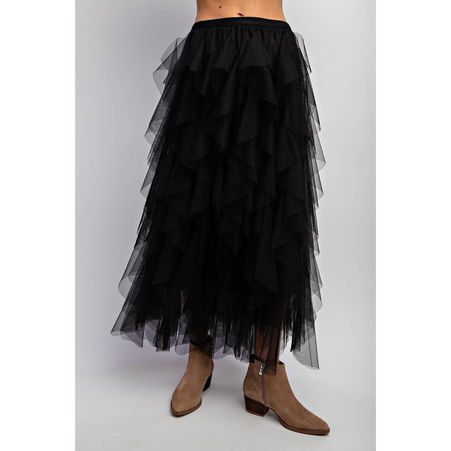 CASCADING TULLE MESH LAYERED MAX SKIRT: Mocha