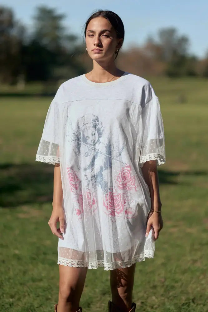 ANGEL PRINTED TERRY DOTTED MESH LAYERED DRESS: Heather Grey - Women > Dresses