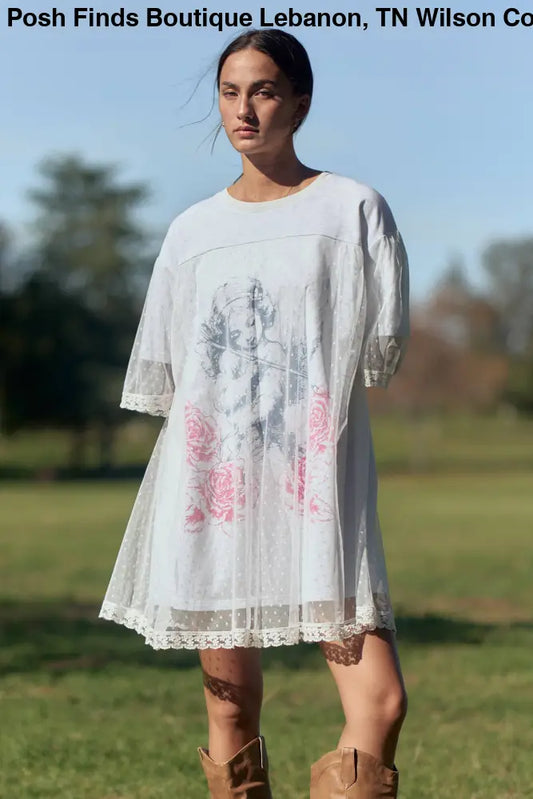 ANGEL PRINTED TERRY DOTTED MESH LAYERED DRESS: Heather Grey - Women > Dresses