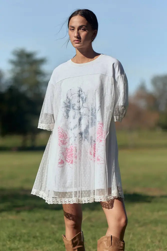 ANGEL PRINTED TERRY DOTTED MESH LAYERED DRESS: Heather Grey - Women > Dresses