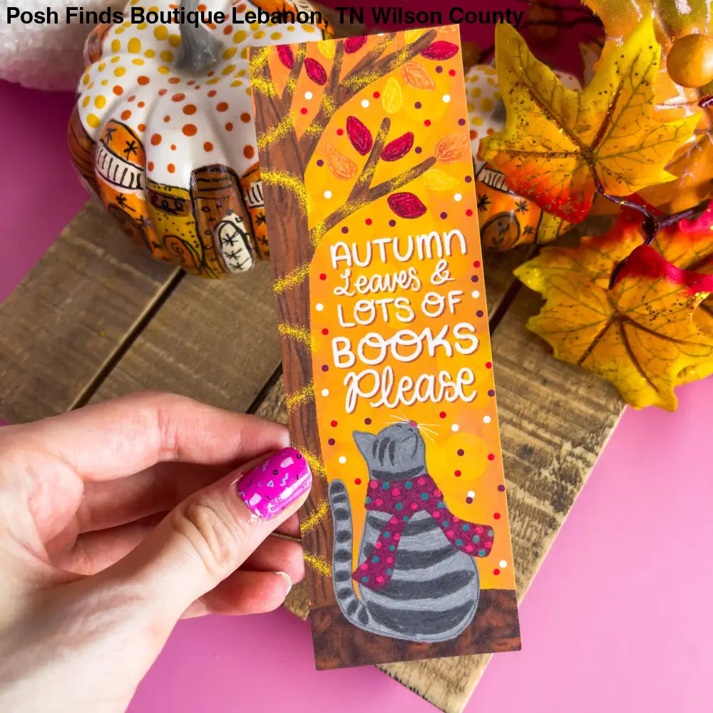 Autumn Leaves and Lots of Book Please Cat Bookmark: Laminated - Posh Finds