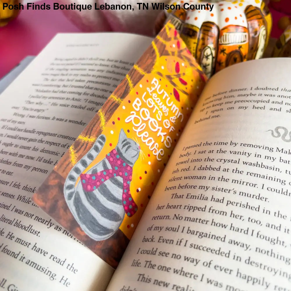 Autumn Leaves and Lots of Book Please Cat Bookmark: Laminated - Posh Finds