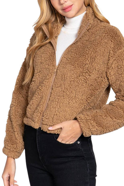 Faux Fur Zip-up Jacket: KHAKI