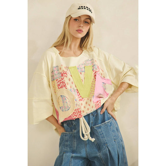 LOVE HEART PATCHWORK TEE Cream - Posh Finds