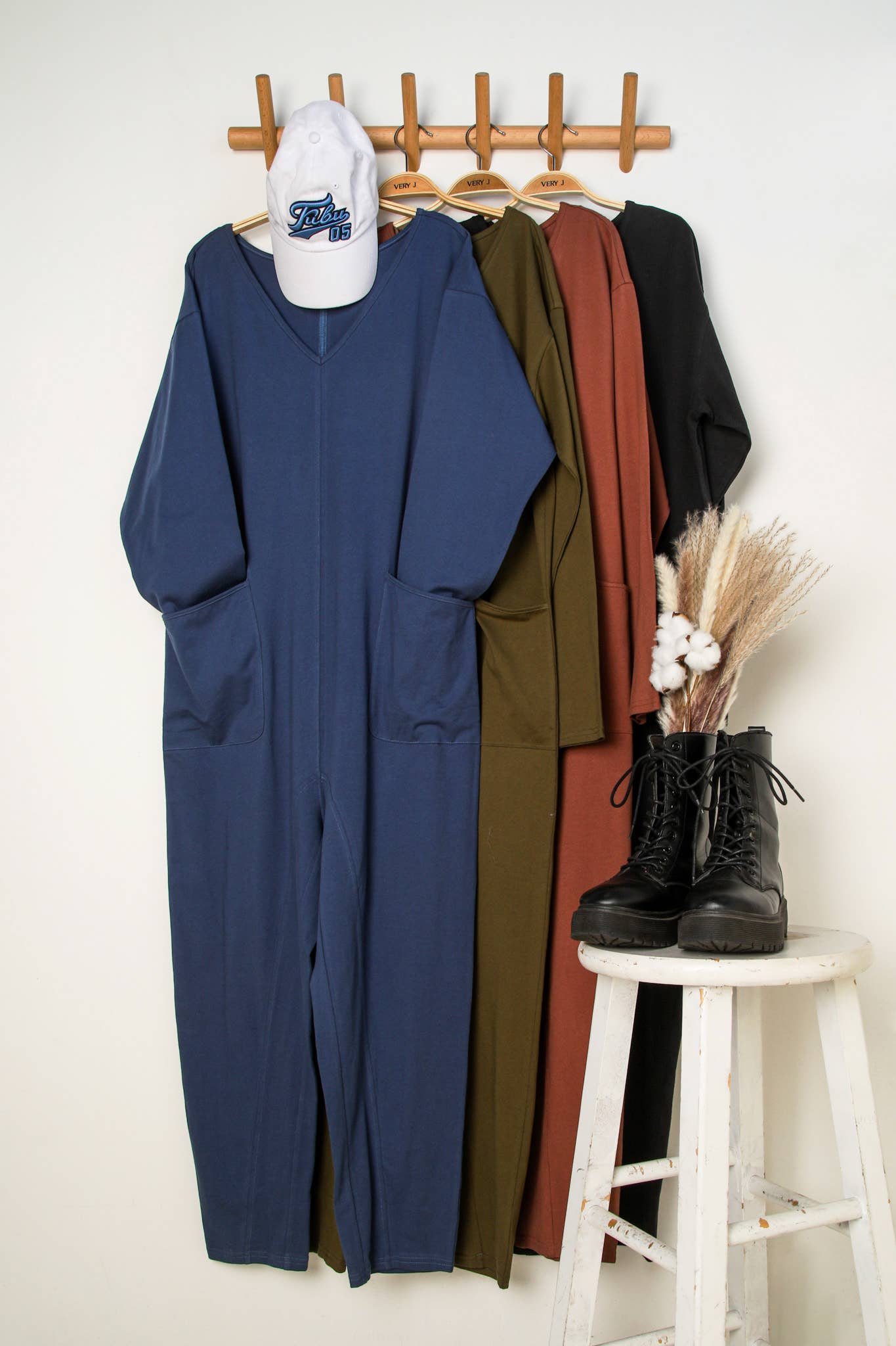 NP70679-Solid Knit Baggy Comfy Jumpsuit with Front Pockets: DENIM / S-M-L/2-2-2