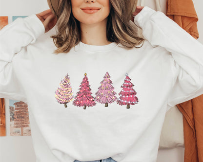 Christmas Sweatshirt Pink Xmas Trees Holiday Sweater in Sand