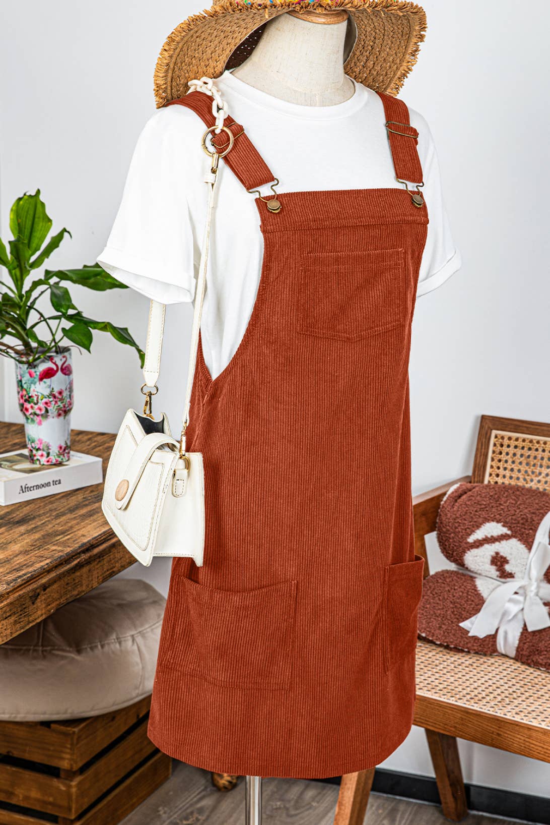 Corduroy Overall Dress: Rust