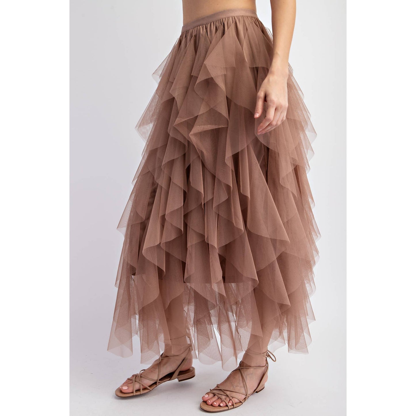 CASCADING TULLE MESH LAYERED MAX SKIRT: Mocha