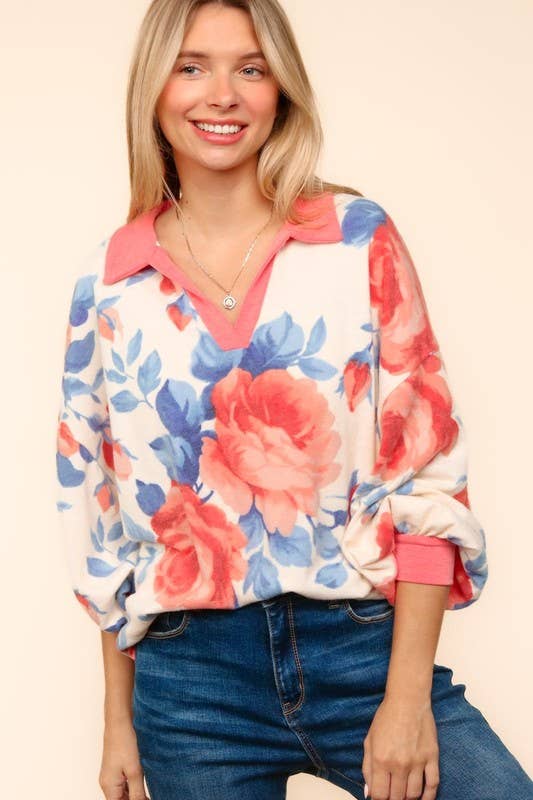 Color Block Drop Shoulder Floral Knit Top: IVORY/ROSE