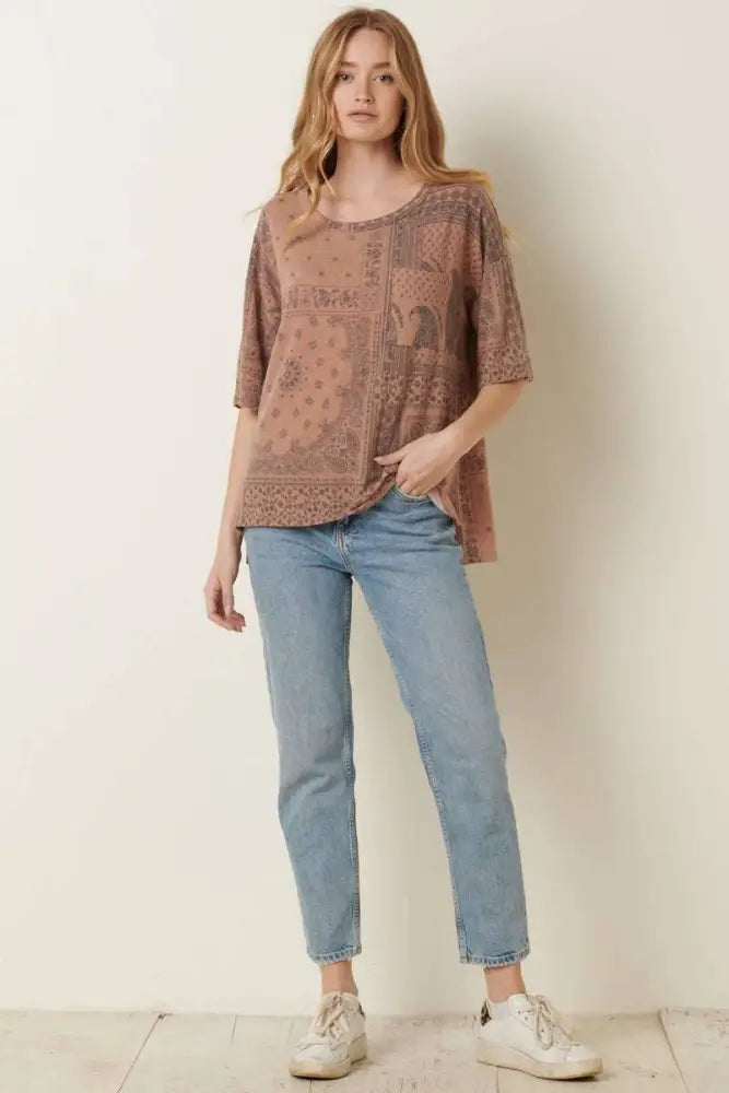 BANDANA PRINT RND NECK OVERSIZED KNIT TOP: RUST - Posh Finds