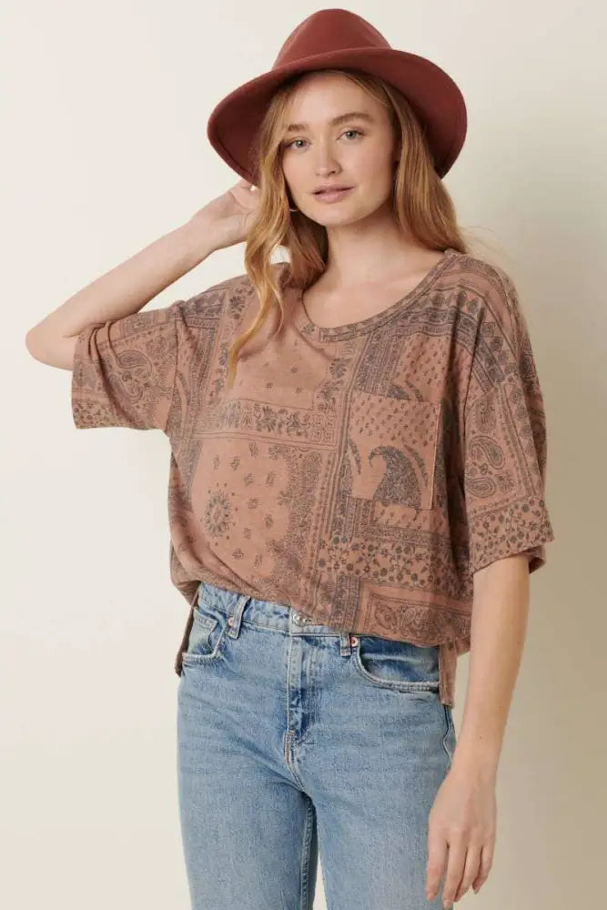 BANDANA PRINT RND NECK OVERSIZED KNIT TOP: RUST - Posh Finds
