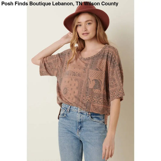 BANDANA PRINT RND NECK OVERSIZED KNIT TOP: RUST - Posh Finds
