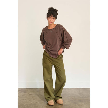 ELASTIC HIGH WAIST WIDE LEG PANTS: MOSS