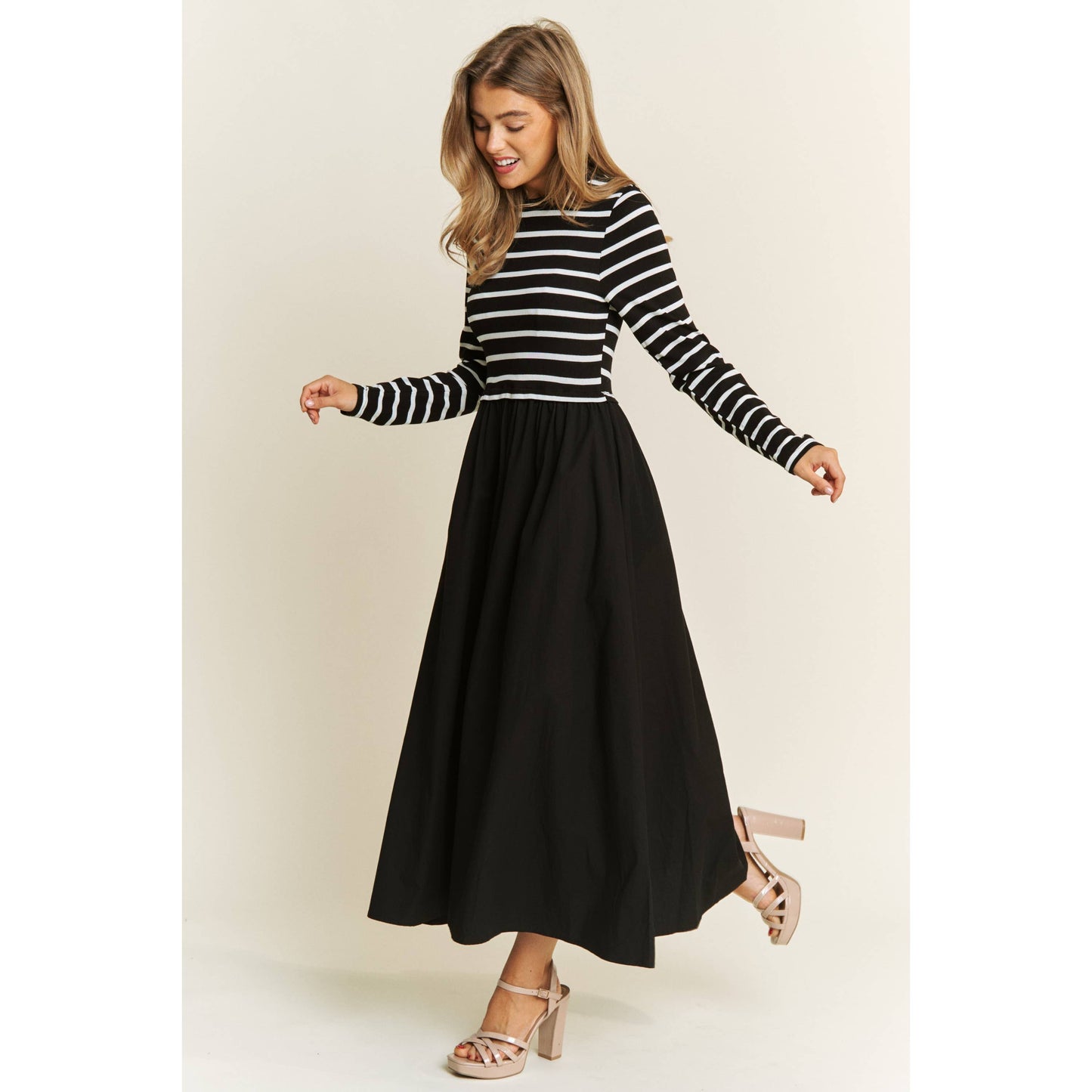 COTTON MAXI DRESS WITH KNIT STRIPE TOP WITH LONG SLEEVES