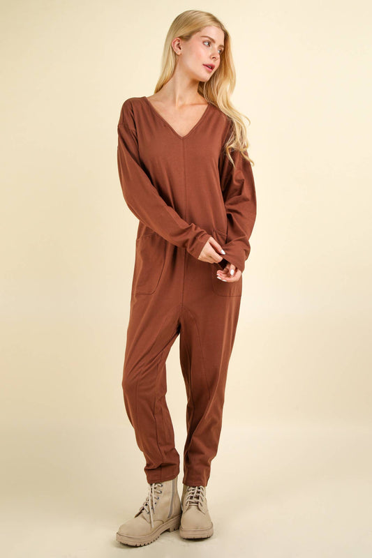 Knit Baggy Comfy Jumpsuit: CHOCO