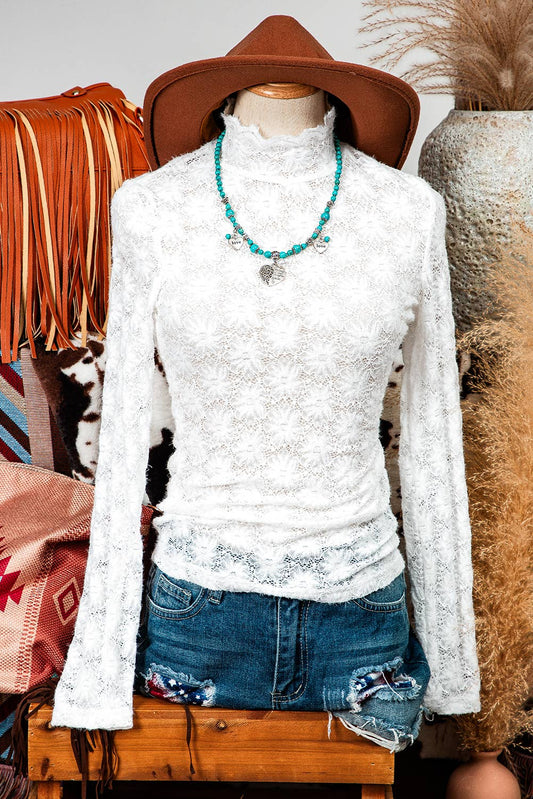 Floral Lace High Neck Long Sleeve Top: White