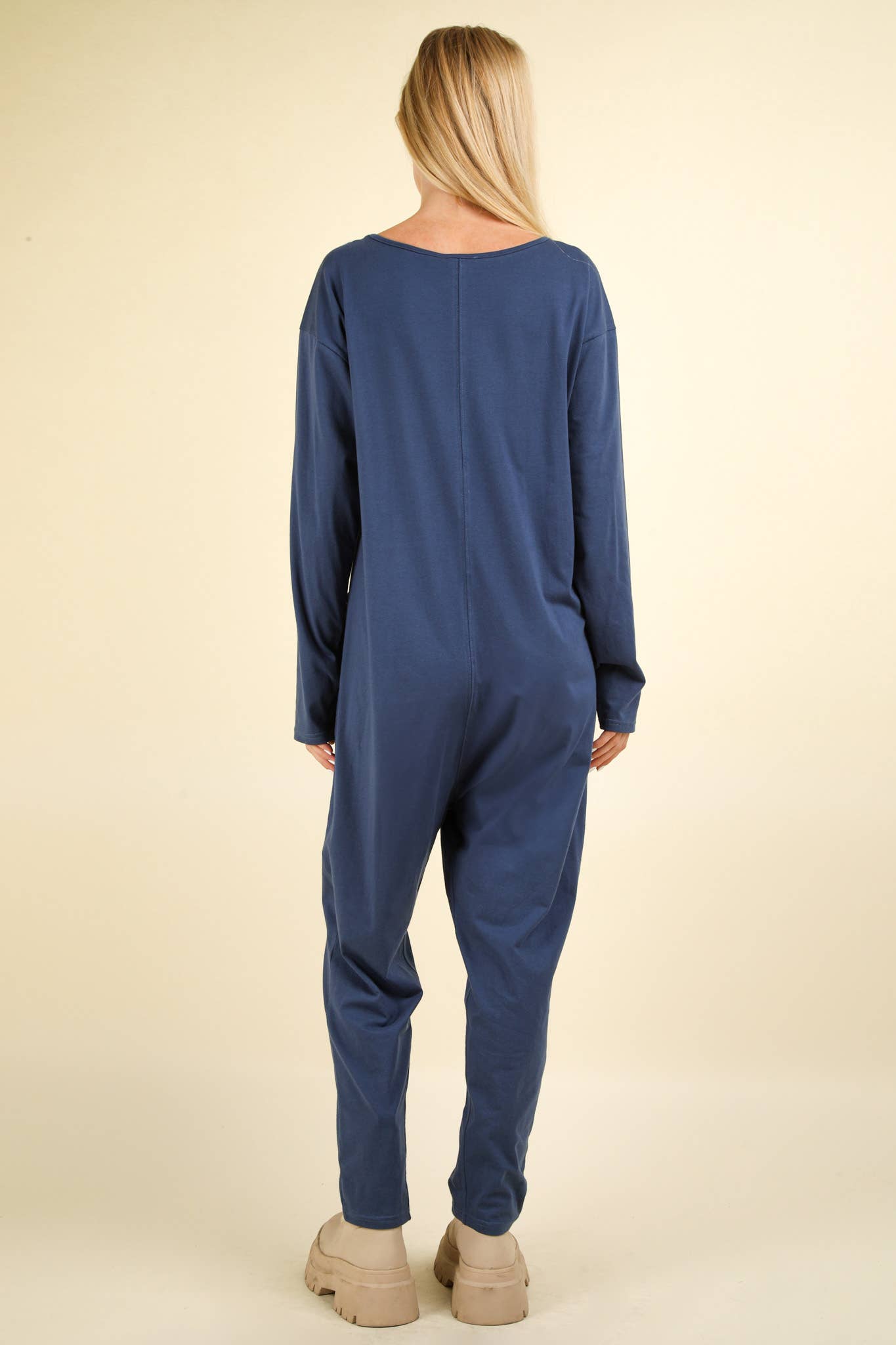 NP70679-Solid Knit Baggy Comfy Jumpsuit with Front Pockets: DENIM / S-M-L/2-2-2