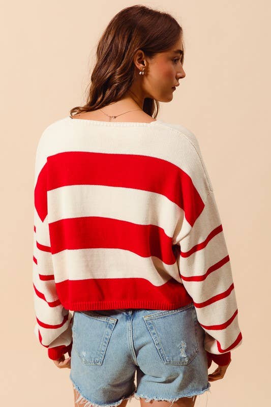 Stripe Knitted V Neck Loose Fit Sweater: RED/IVORY