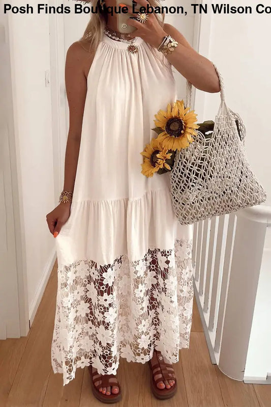 Beige Floral Lace Hem Halter Dress - Maxi Dress