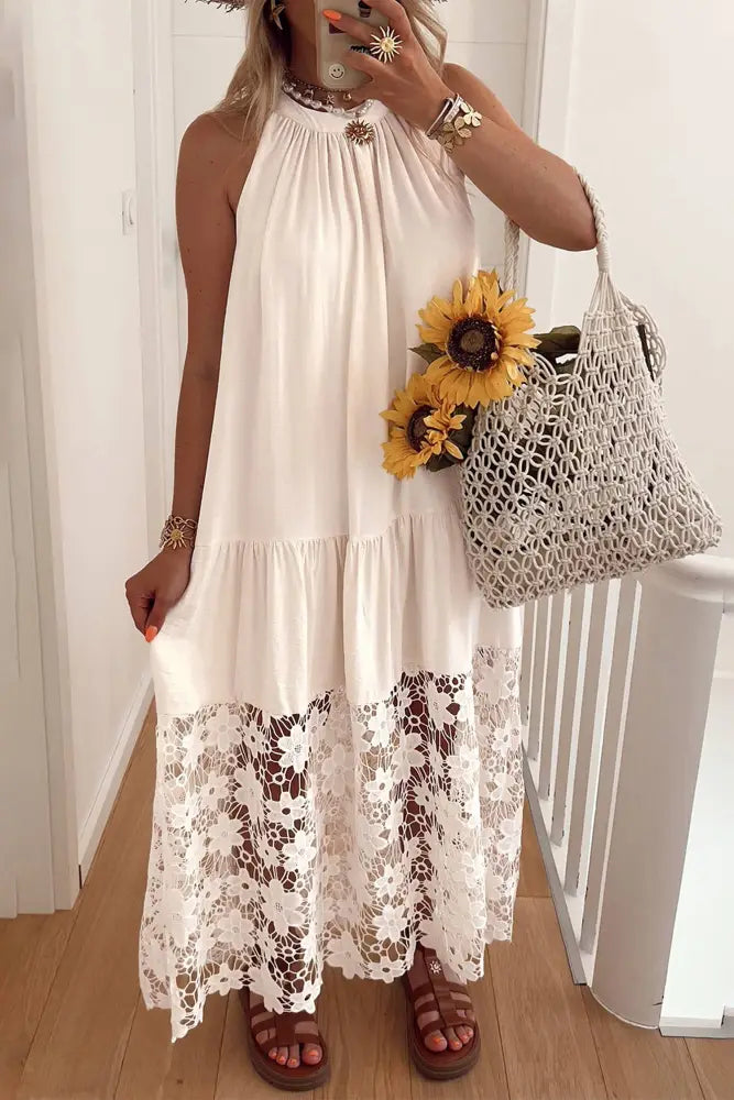 Beige Floral Lace Hem Halter Dress - Maxi Dress