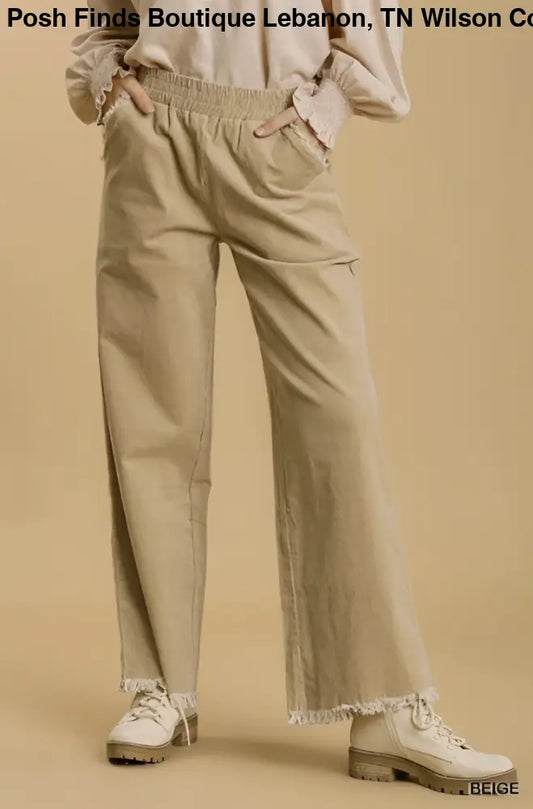 Beige Pull On Corduroy Pants with Frayed Hem - Posh Finds