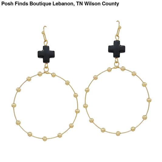 Black Cross Shape with Gold Beaded Open Circle Drop 2" Earring - Posh Finds