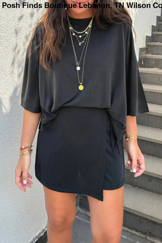 Black Oversize Tee Tie Wrap Mini Skort 2pcs Set - set