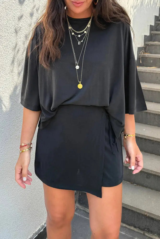 Black Oversize Tee Tie Wrap Mini Skort 2pcs Set - set