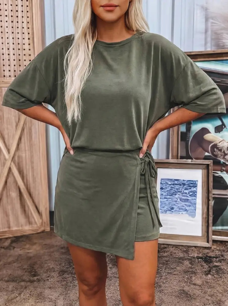 Black Oversize Tee Tie Wrap Mini Skort 2pcs Set - set