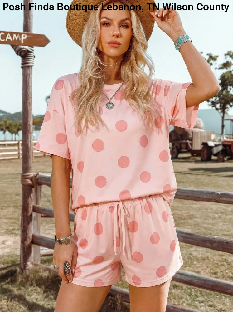 Black Polka Dot Print Tee Drawstring Elastic Short Set - set