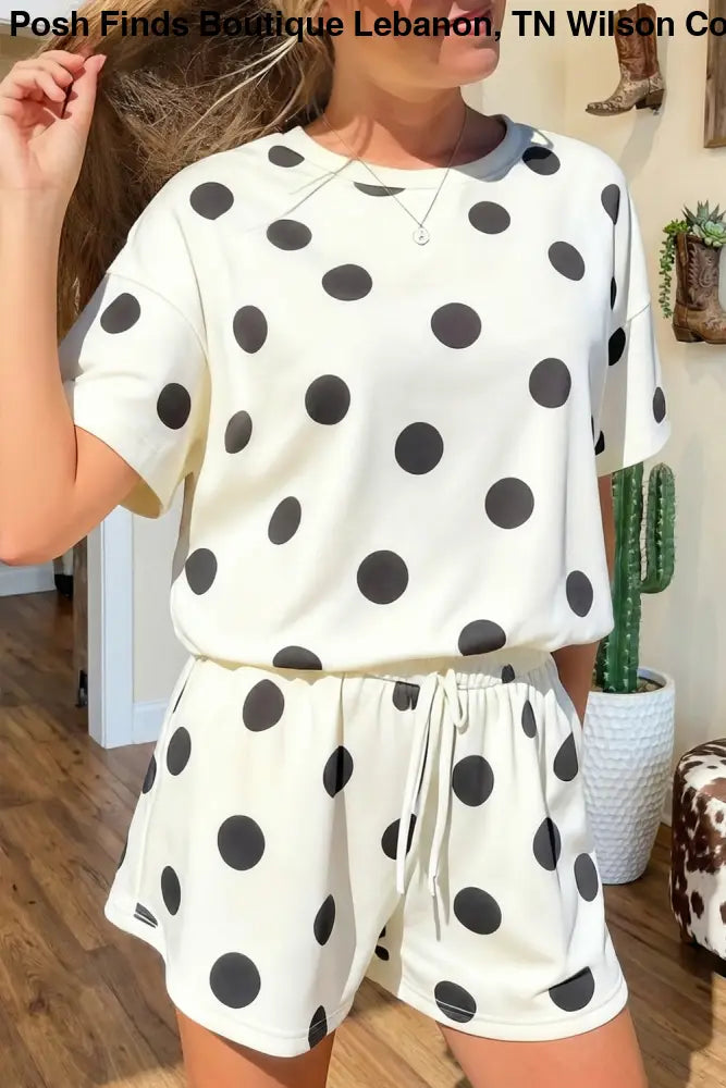 Black Polka Dot Print Tee Drawstring Elastic Short Set - set