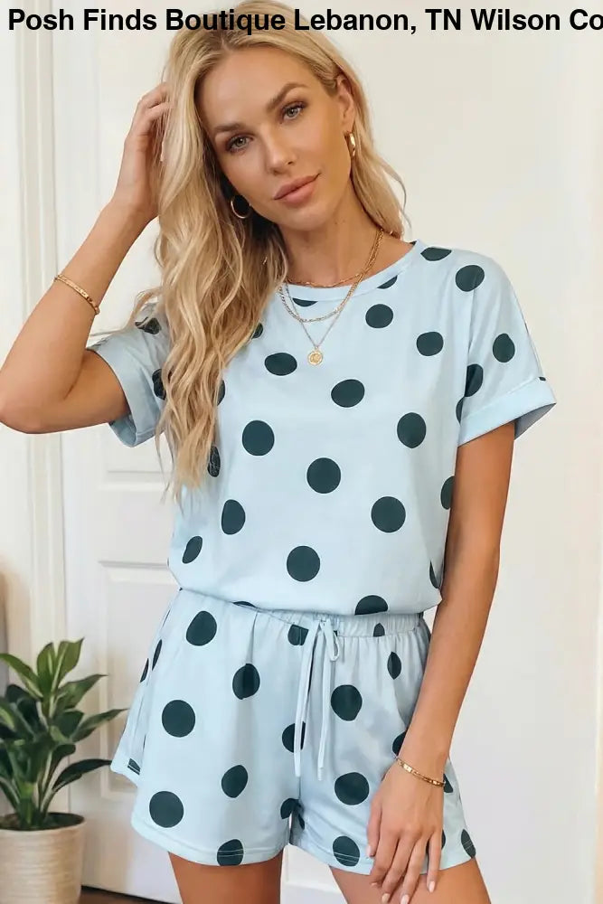 Black Polka Dot Print Tee Drawstring Elastic Short Set - set