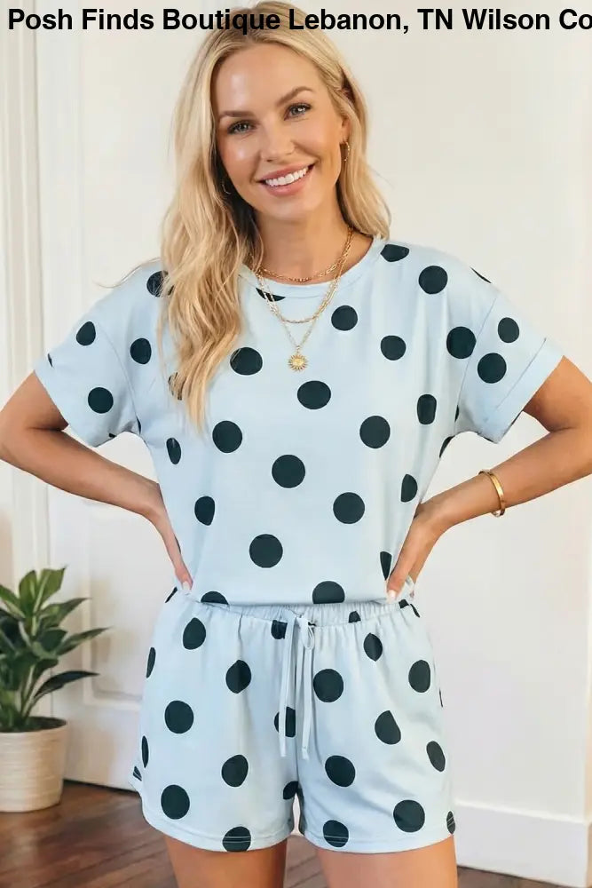 Black Polka Dot Print Tee Drawstring Elastic Short Set - set
