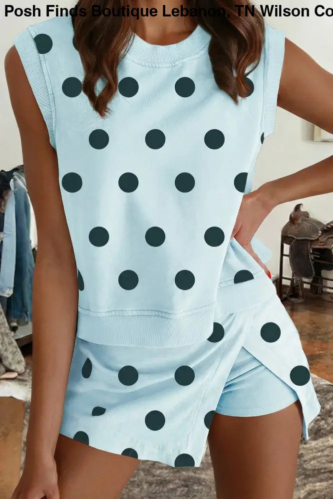 Black Polka Dot Print Tee Drawstring Elastic Short Set - set