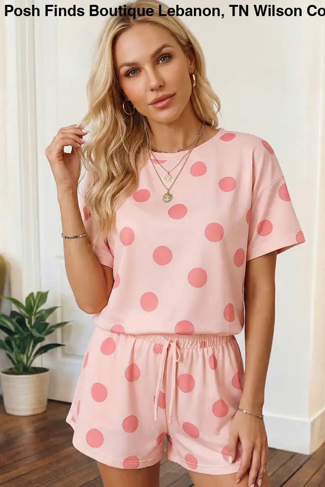 Black Polka Dot Print Tee Drawstring Elastic Short Set - set