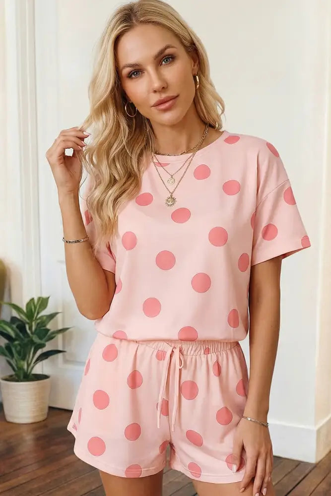 Black Polka Dot Print Tee Drawstring Elastic Short Set - set