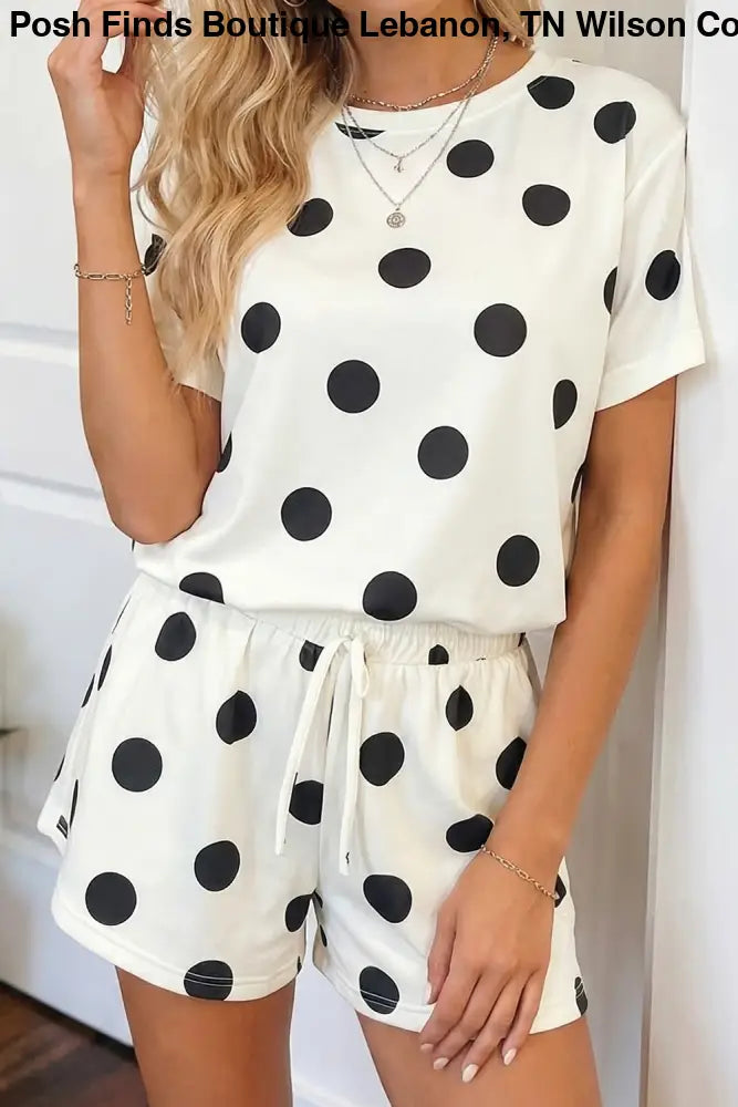 Black Polka Dot Print Tee Drawstring Elastic Short Set - set