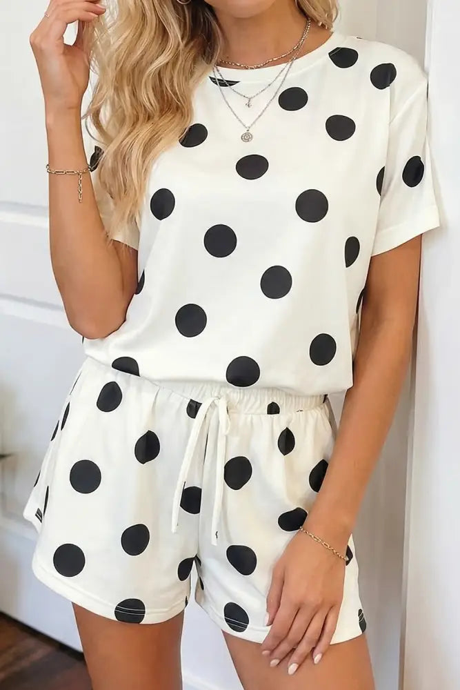 Black Polka Dot Print Tee Drawstring Elastic Short Set - set