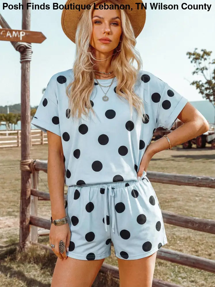 Black Polka Dot Print Tee Drawstring Elastic Short Set - set