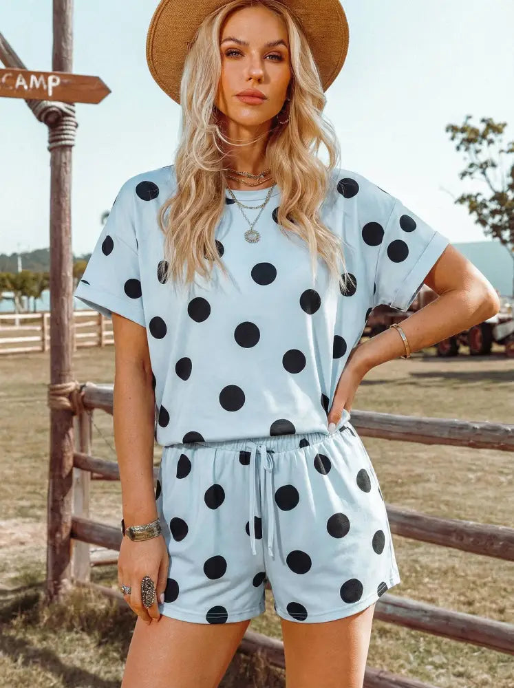 Black Polka Dot Print Tee Drawstring Elastic Short Set - set