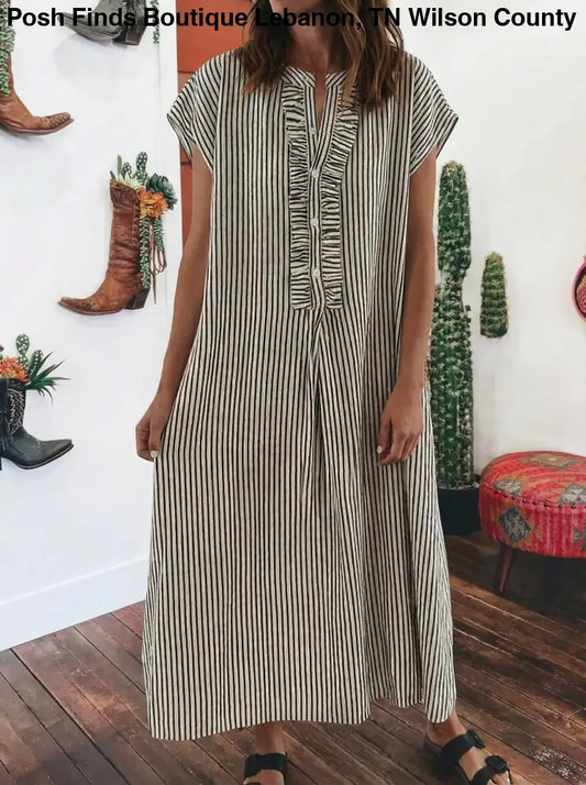 Black Stripe Frilled Short Sleeve Long Dress - Women > Dresses
