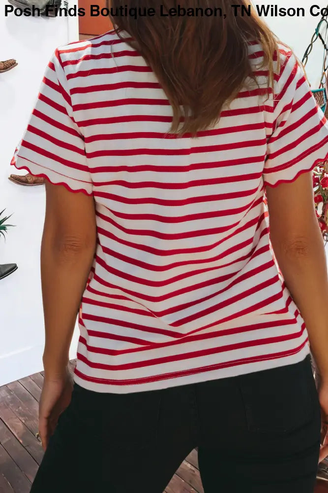 Black Stripe Scalloped Trim Round Neck T Shirt - Women > Tops