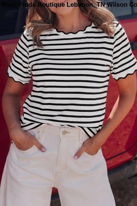 Black Stripe Scalloped Trim Round Neck T Shirt - Women > Tops