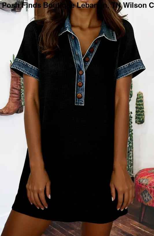 Black Waffle Knit Denim Trim Patch Button Polo Tee Dress - Women > Dresses