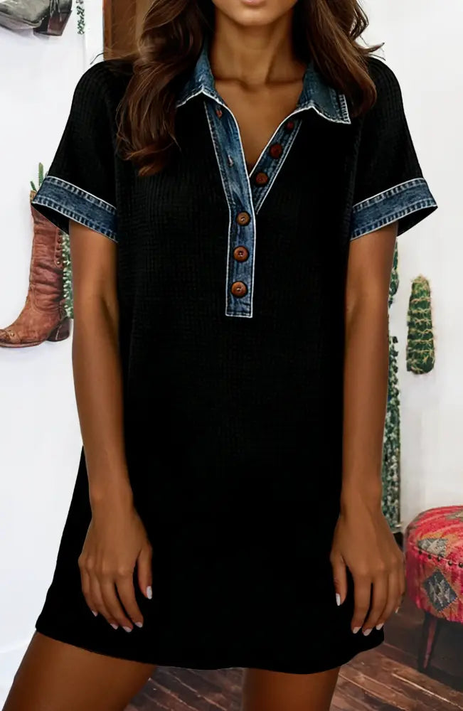 Black Waffle Knit Denim Trim Patch Button Polo Tee Dress - Women > Dresses